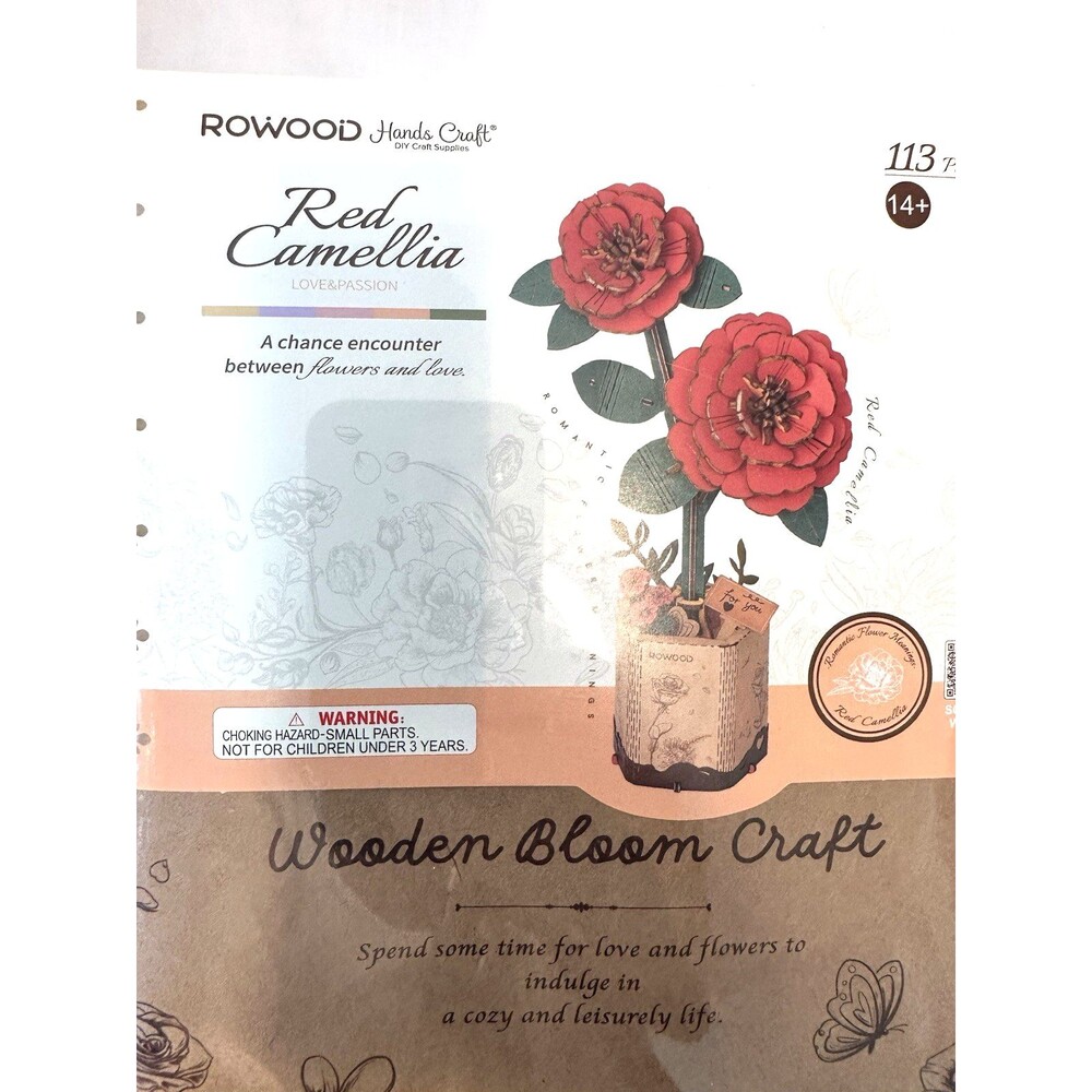 Rowood DIY Wooden Flower Bouquet 3D Wooden Puzzle Red Cameilia 4.5" x 8.1 x 2.6"